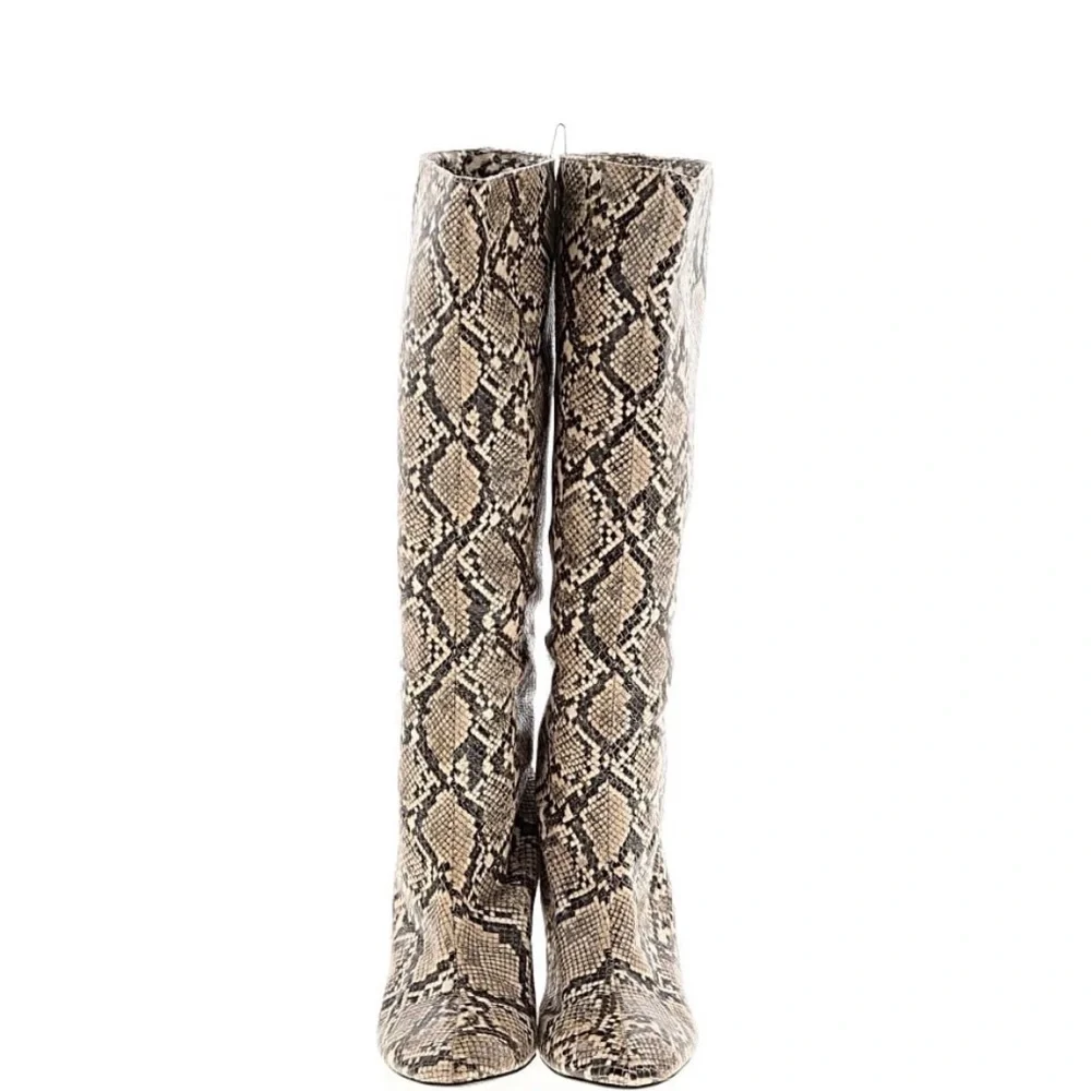 Zara Snake-Print Over-the-Knee Block Heel Boots - Beige/Taupe